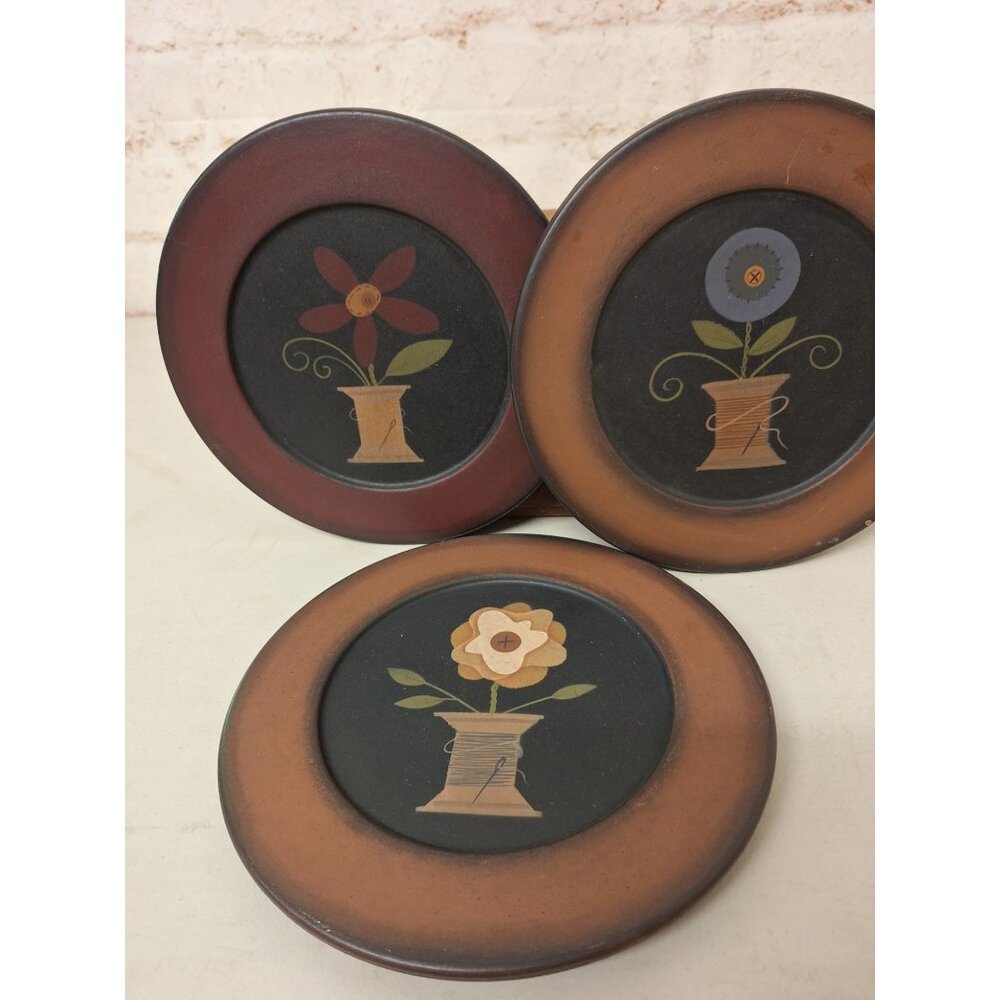 Set of 3 Folk Art Wood 9.5" Plates Hand Painted Floral Signed Michelle Kildow - Picture 1 of 6